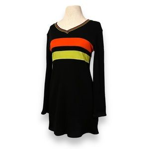 Vintage Black Long Sleeve Dress with Orange and Yellow Stripes